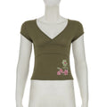 Retro Green Floral Embroidery V Neck Sleeve Top