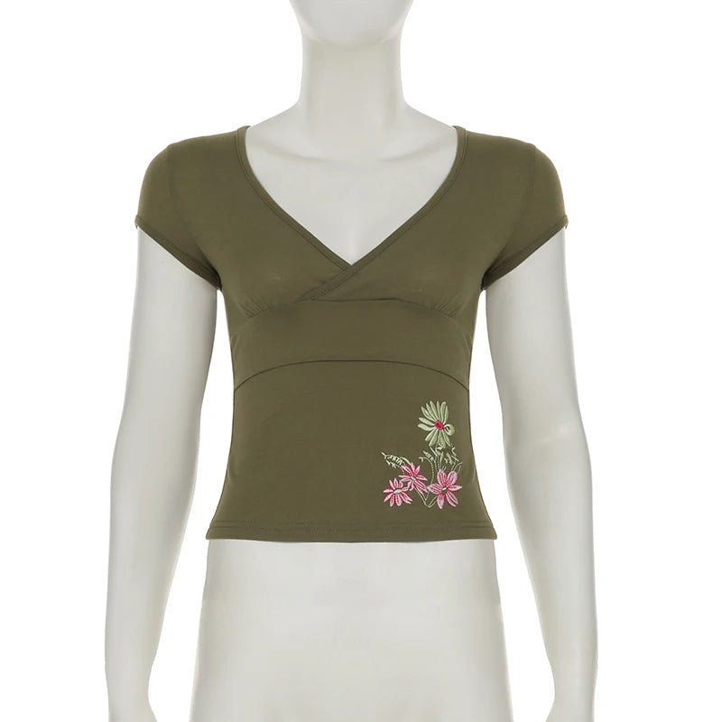 Retro Green Floral Embroidery V Neck Sleeve Top