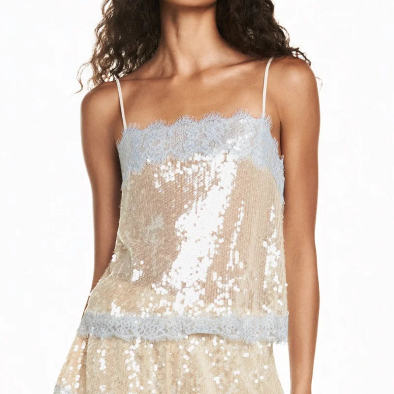 Lace Trim Sequin Tank Top